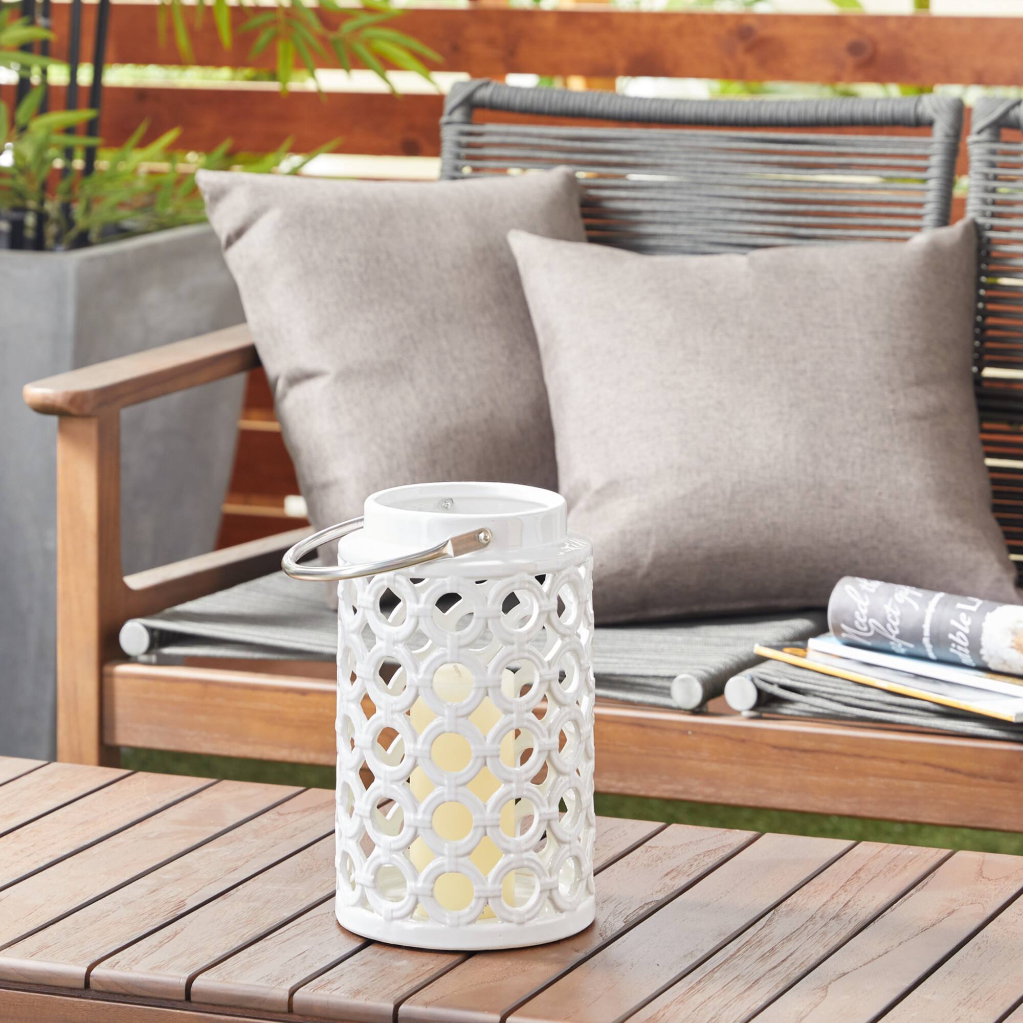 White Ceramic Contemporary Candle Holder Lantern, 11" x 7" x 8"